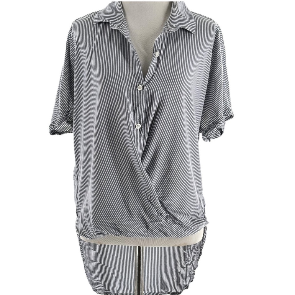 BCBGGeneration striped crossover button-down blouse XS blue white draped front